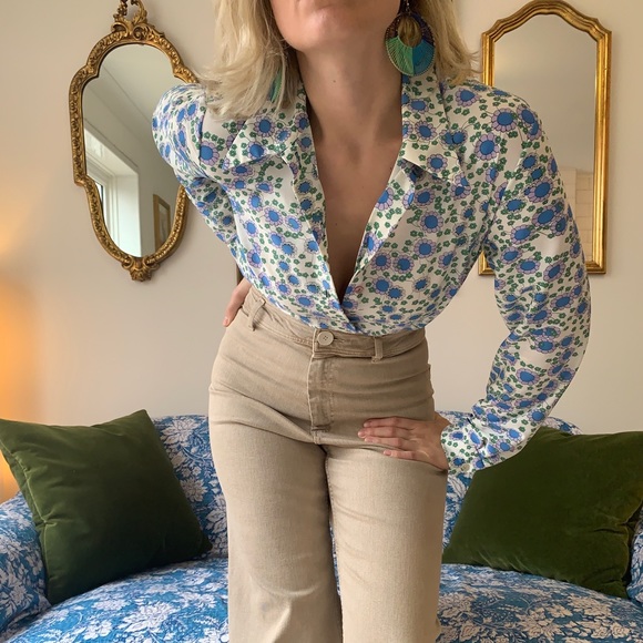 🇬🇧 60s 70s Vintage Flower Power 🌼Blouse Floral Button up Shirt Blue Green M/L - Picture 7 of 10